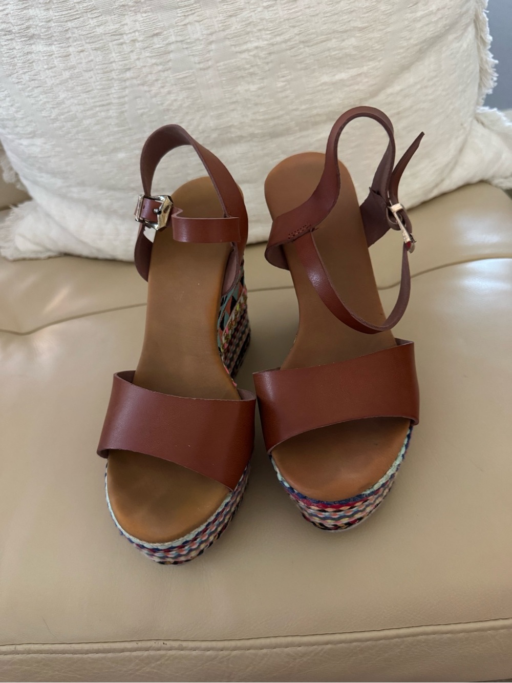 Brown Leather Wedge Sandals with Multicolor Braided Platform